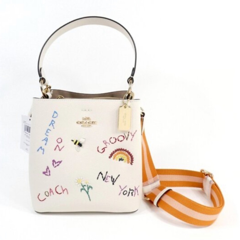 Coach Chalk Multi Diary Embroidery Small Town Leather Bucket Bag